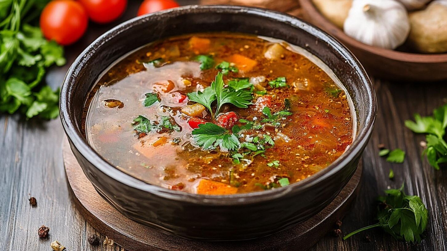 Кавказский суп с зеленью — лёгкий бульон с ароматной зеленью и специями